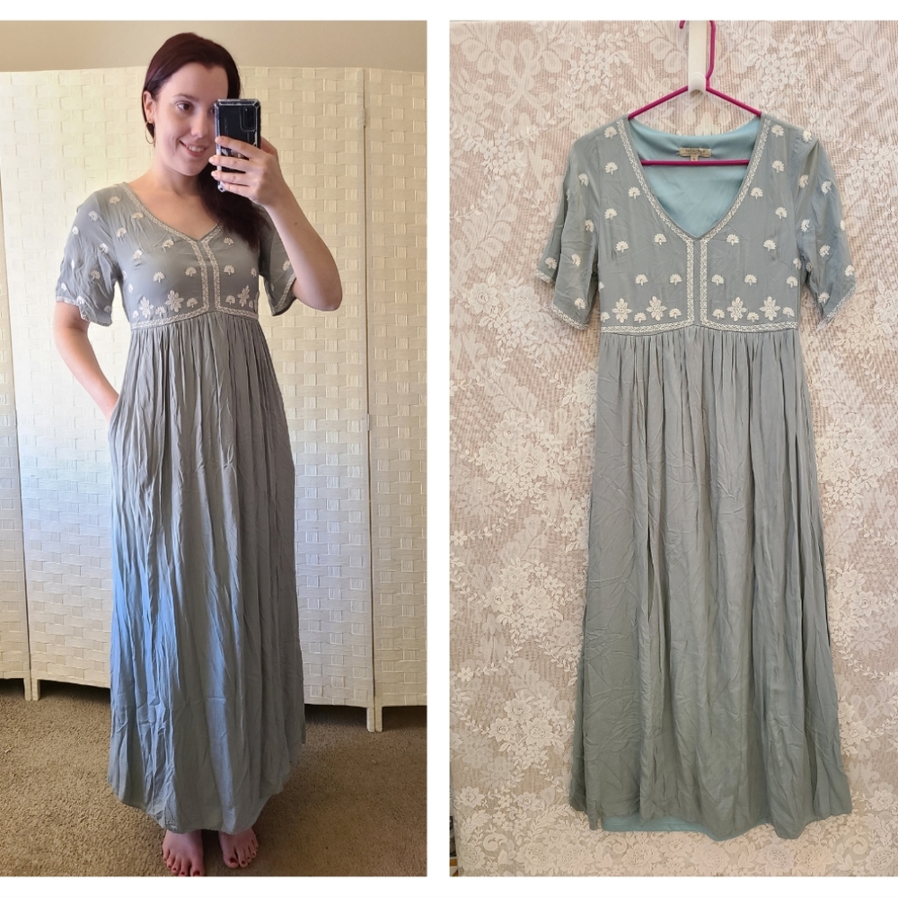 Light Olive Green White Embroidered Linen Dress With Pockets Boho Hippie